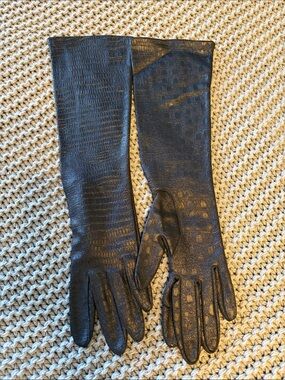 Long Black Croc-Embossed Leather Gloves for Women